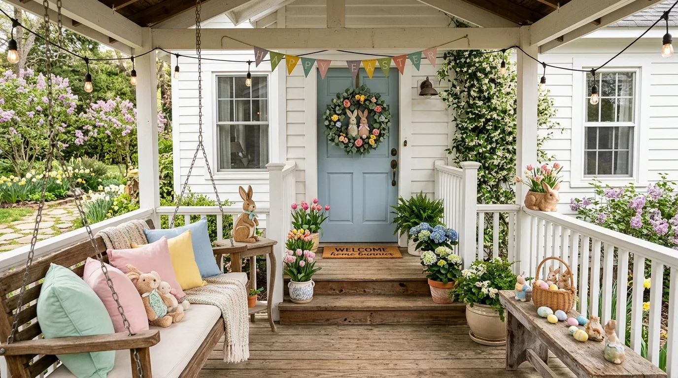 Porch decorated with Easter bunny accents